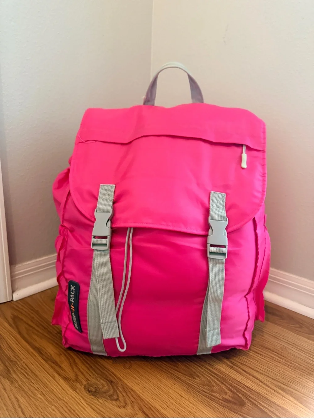 Kids Sleep N pack Hibiscus Pink Sleeping Backpack with Gray Straps